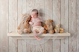 Newborn Baby Boy on a Shelf with Teddy Bears