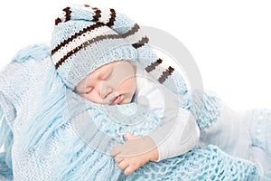 Newborn Baby Boy Sleep in Blue Hat, Sleeping New Born Child