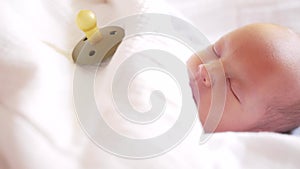 newborn baby a boy sleeping with pacifier. happy family baby dream concept. newborn son sleeping in the maternity