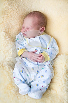 Newborn baby boy sleeping on a sheepskin