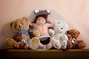 Newborn baby boy wearing a brown knitted bear hat and pants, sleeping on a shelf