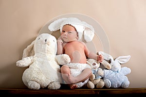 Newborn baby boy wearing a brown knitted rabbit hat and pants, s