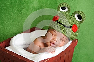 Newborn Baby Boy Wearing Frog Hat