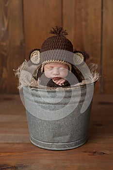 Newborn Baby Boy Wearing a Monkey Hat