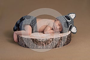 Newborn Baby Boy Wearing a Raccoon Costume