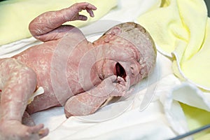 Newborn baby child seconds and minutes after birth lying on towel