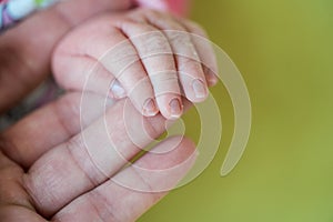 Newborn baby, closeup of fingers of fingers on hand of mother