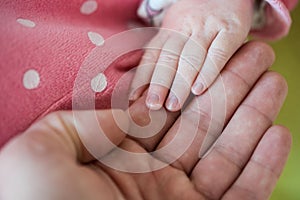 Newborn baby, closeup of fingers of fingers on hand of mother