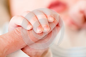 Newborn baby, closeup of fingers of fingers on hand of mother