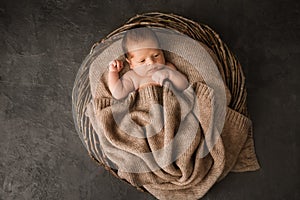 A newborn baby covered with a warm knitted blanket in a wicker basket