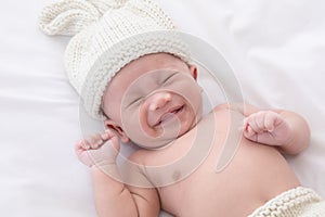 Newborn baby crying sick fever, get flu check up at clinic, Asian child infant 0-1month fussy screaming unhappy angry, hungry in