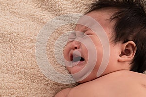 Newborn baby crying sick fever, get flu check up at clinic, Asian child infant 3-4month fussy screaming unhappy angry, hungry in