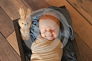 Newborn baby in dream smiles, sleeps, wrapped in cocoon. Cute portrait of child.