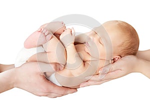 Newborn Baby in Family Hands, Sleeping New Born Kid on White, Parents Care photo