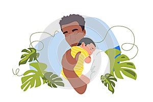 Newborn baby with the father. African families. Fathers Day postcard template