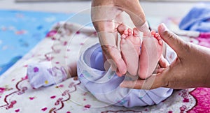 Newborn baby feet in female hands shaped like a cute heart