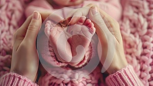 Newborn baby feet in the hands of his mother, making a heart sh