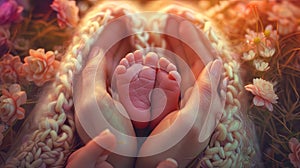 Newborn baby feet in the hands of his mother, making a heart sha