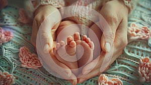 Newborn baby feet in the hands of his mother, making a heart shap