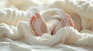 Newborn baby feet on knitted white blanket on sunny morning