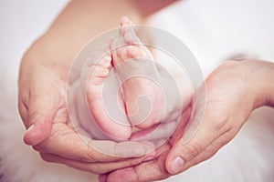 Newborn baby feet in mommy's hands