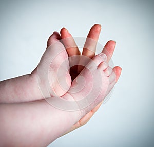 Newborn baby feet parent holding