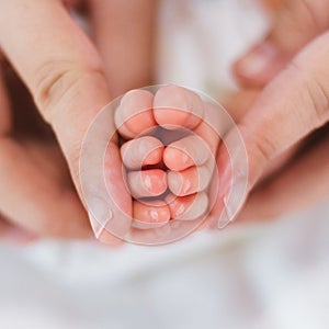 Newborn baby feet on white blanket. mother hold feets of newborn baby. Cmaternity and babyhood concept