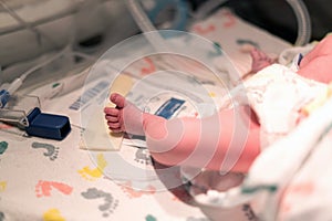 Newborn Baby Foot in Hospital Bed - select focus