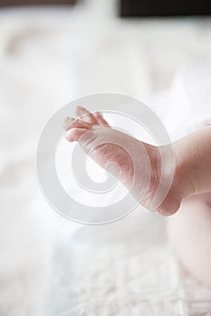 Newborn baby foot over white