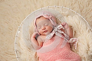 Newborn Baby Girl in Basket Wearing a Pink Bonnet