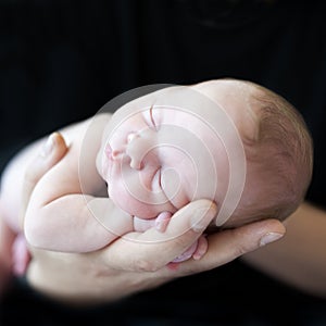 Newborn baby girl or boy sleep on parent hand. Neonatal care.