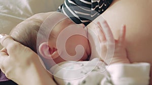 Newborn baby girl during breastfeeding