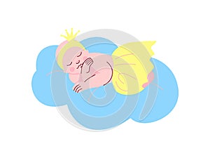 Newborn Baby Girl Dressed as Princess Sleeping on Cloud Vector Illustration