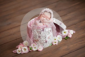Newborn baby girl in a flower box with eustomas and dream catchers on a brown wooden background, newborn baby in a hat
