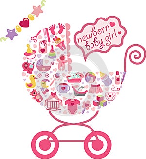 Newborn Baby girl icons in form of carriage