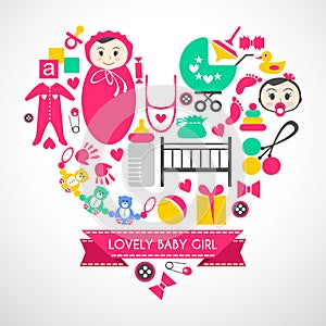 Newborn baby girl icons set