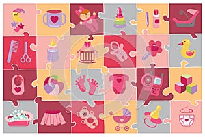 Newborn Baby girl icons set.Baby shower puzzle