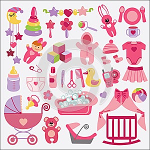 Newborn Baby-girl items set collection. Baby shower