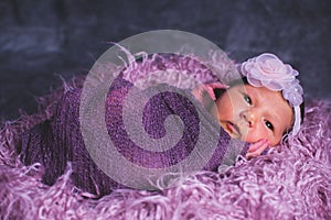 Newborn Baby Girl On Purple Background