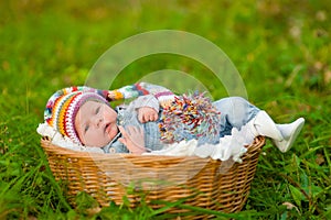 Newborn baby girl sleeping in basket on green grass