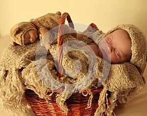 Newborn baby girl sleeping under cozy blanket in basket