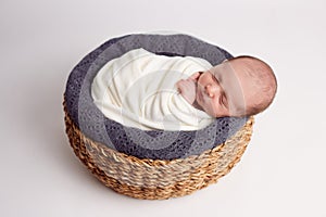 Newborn baby girl sleeping in wooden basket. Newborn photography.