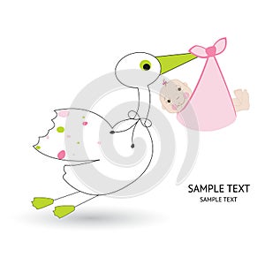 Newborn baby girl with stork greeting card