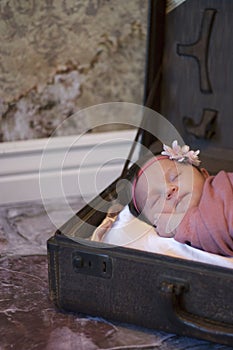 Newborn baby girl in suitcase