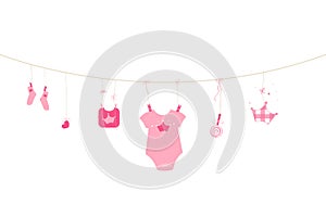 Newborn baby girl symbols baby arrival greeting card vector