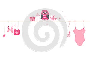 Newborn baby girl symbols with owl. Baby arrival greeting card vector