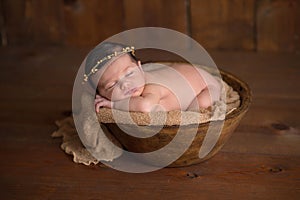 Newborn Baby Girl Wearing a Natural Twig Crown