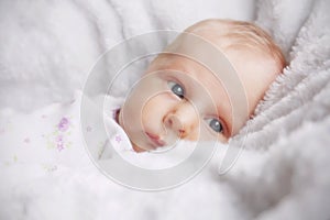 Newborn Baby Girl in White Blankets