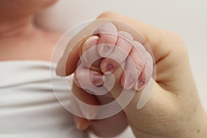 The newborn baby has a firm grip on the parent& x27;s finger after birth.