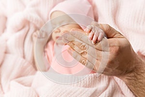 Newborn Baby Holding Father Hand, Sleeping New Born Kid